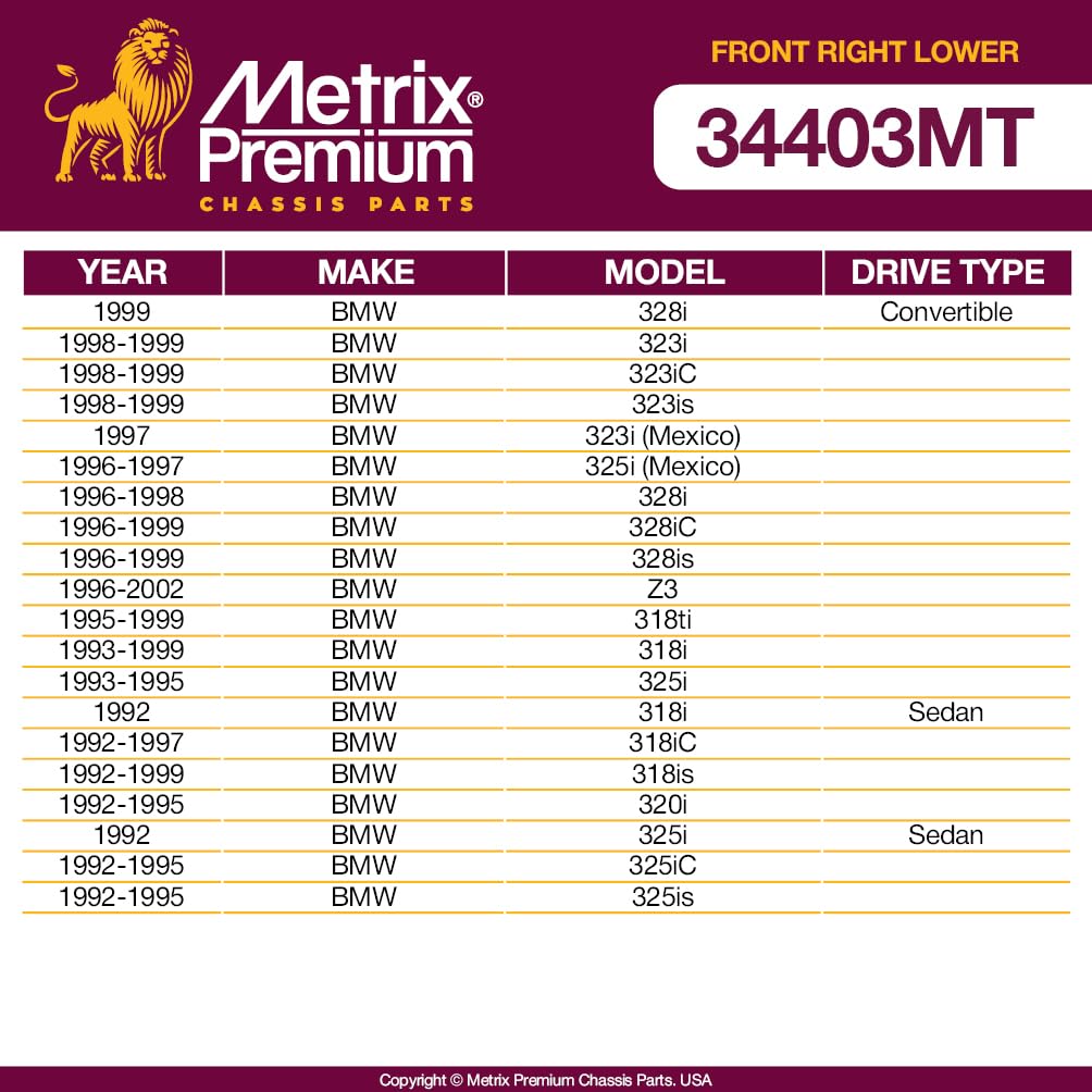 Metrix Premium Chassis Parts - Front Right Lower Control Arm W Ball Joint & Bushing Assembly Fits 99 Bmw 328I, 98-99 323I, 99 32