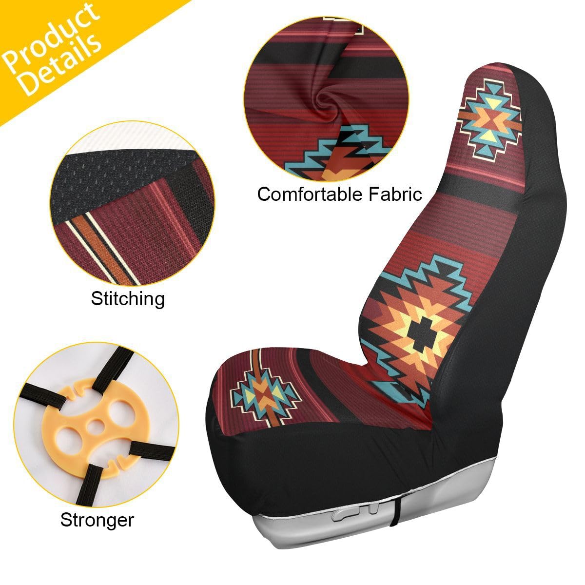 LONSANT Native American Tribal Car Seat Covers Set of 2,Southwest Native Aztec Red Print Navajo Design Universal Auto Front Seat