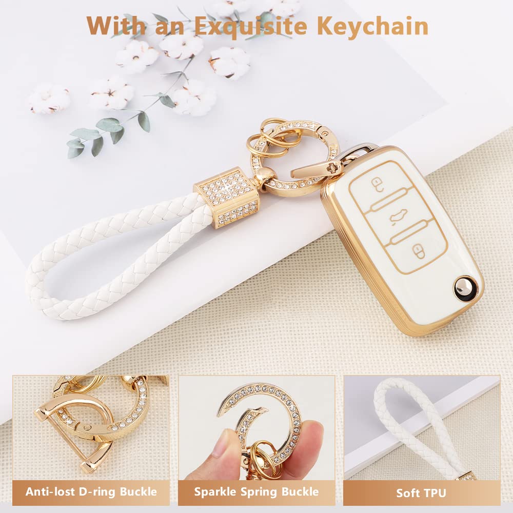 Pifoog Key Fob Cover For Volkswagen Vw 3 Button White Gold Tpu Soft Car Keys Shell Case Glitter Keychain Protector For Vw Beetle