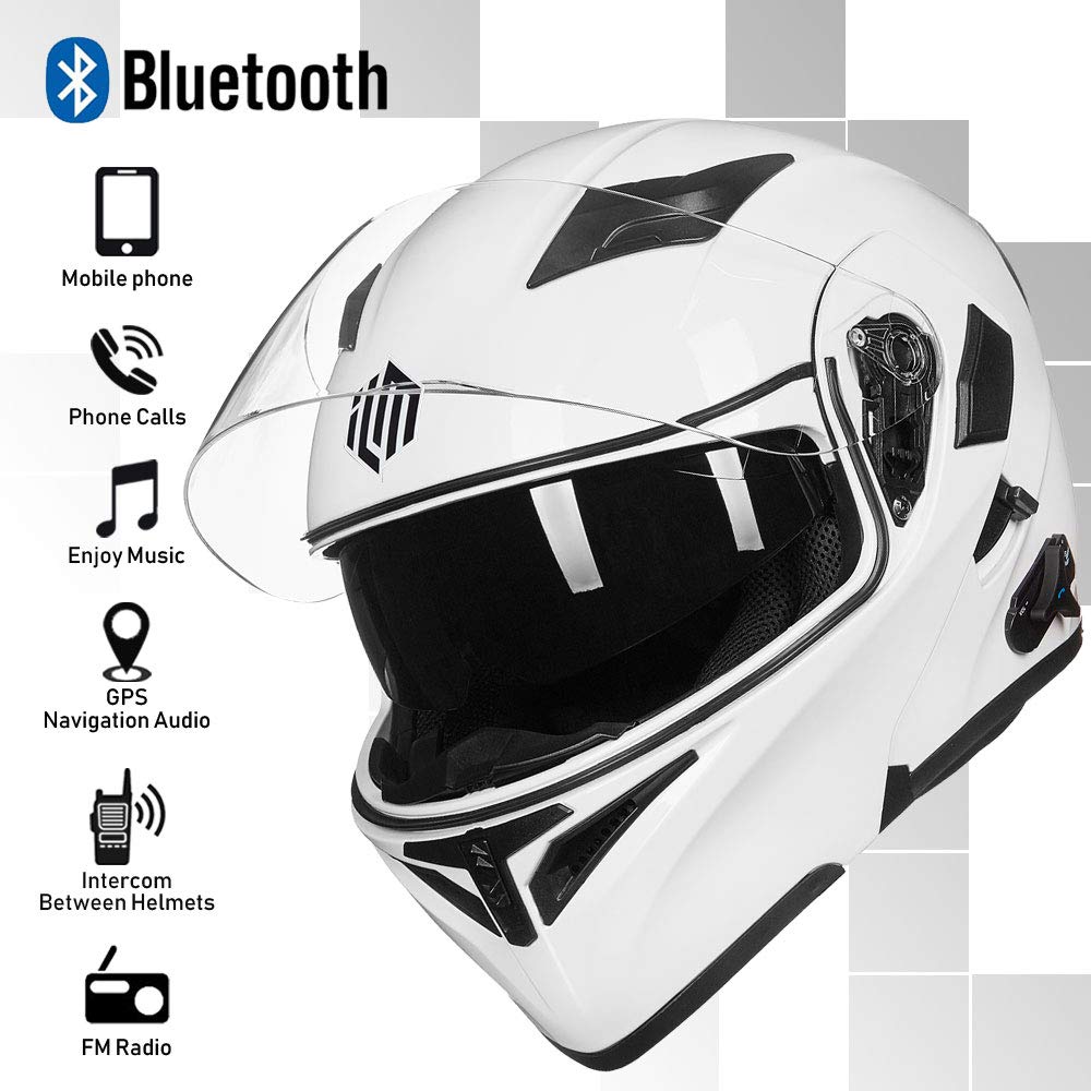 Ilm Bluetooth Motorcycle Helmet Modular Flip Up Full Face Dual Visor Mp3 Intercom Fm Radio Dot Model 902Bt(White, M)