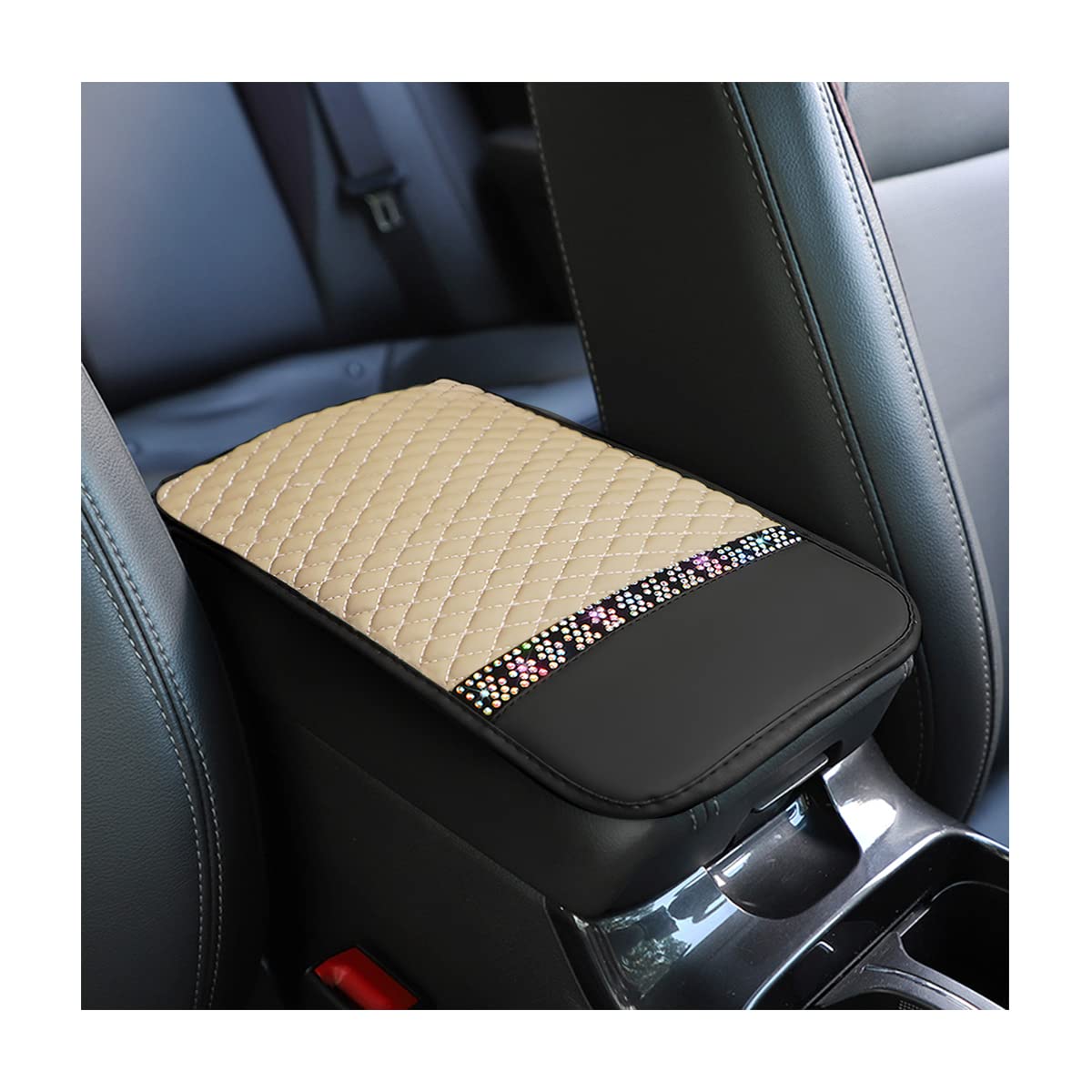 Bling Leather Car Center Console Cover, Car Center Console Protector With Glossy Crystal Rhinestone, Universal Waterproof Car Armrest Seat Box Cover For Most Car, Vehicles, Suvs, Trucks (Beige)