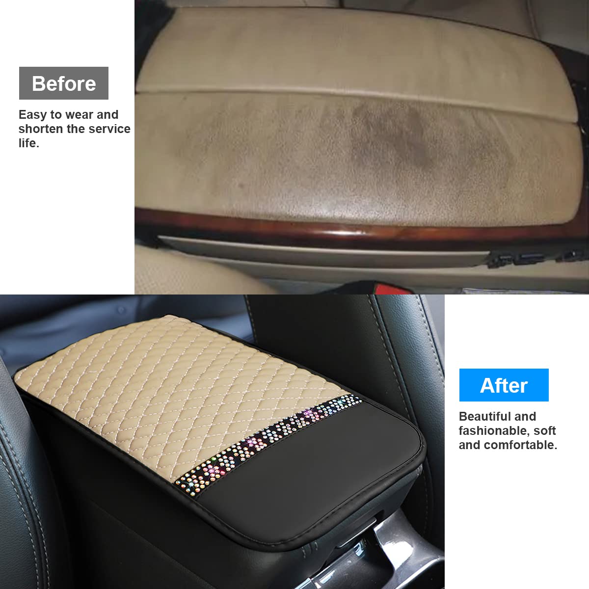 Bling Leather Car Center Console Cover, Car Center Console Protector With Glossy Crystal Rhinestone, Universal Waterproof Car Armrest Seat Box Cover For Most Car, Vehicles, Suvs, Trucks (Beige)