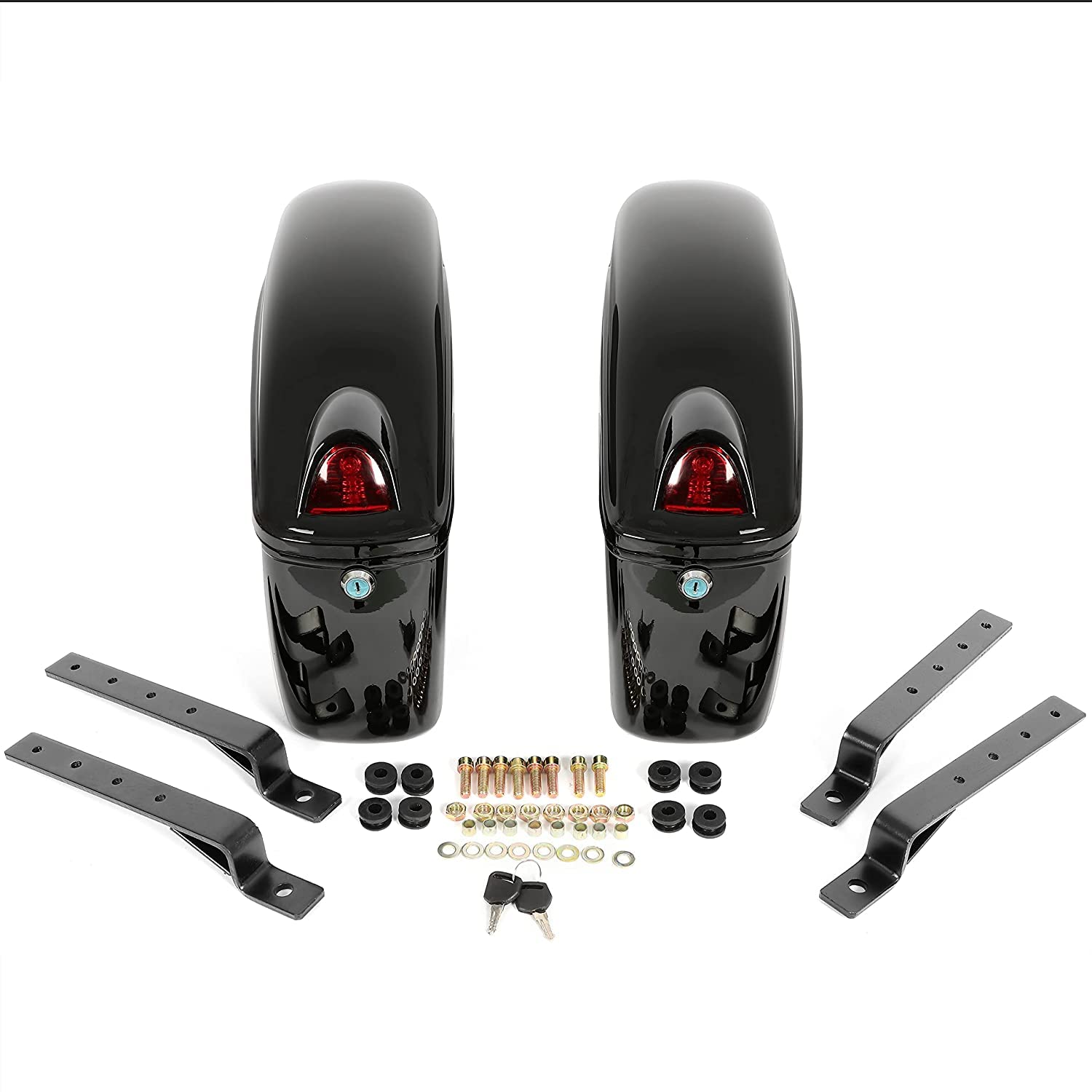 Hecasa Universal Hard Saddle Bags Compatible With Yamaha Honda Cruiser Trunk Luggage With Lights Mount Bracket Motorcycle Black