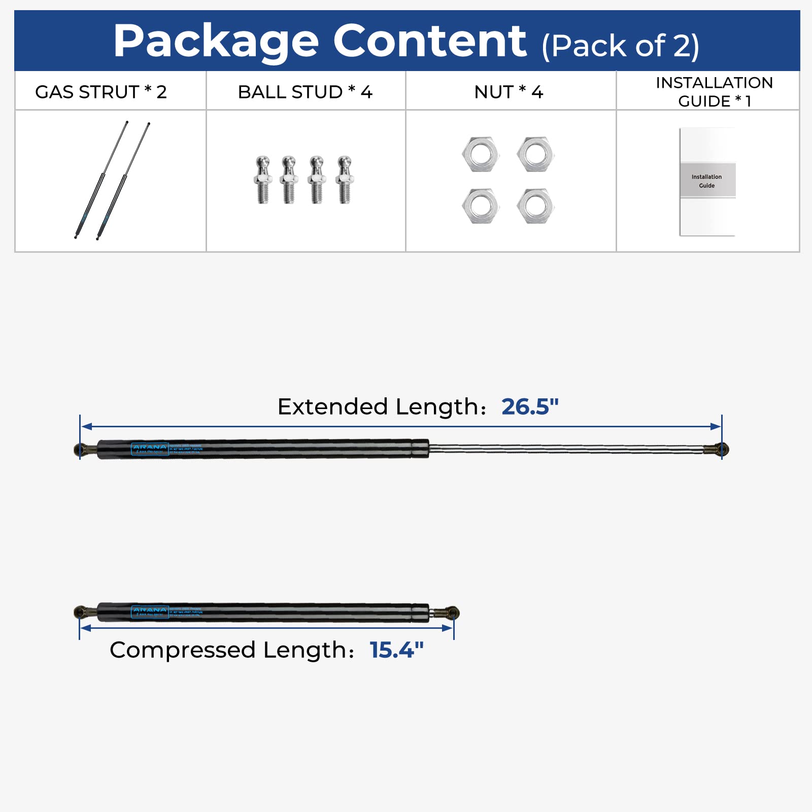 Arana 713119 26 Inch 80 Lb Gas Struts Spring Shocks 26 Inch 80Lb Lift Support For Sung Lid Cover Snug Top Lid Fiberglass Bed Cov