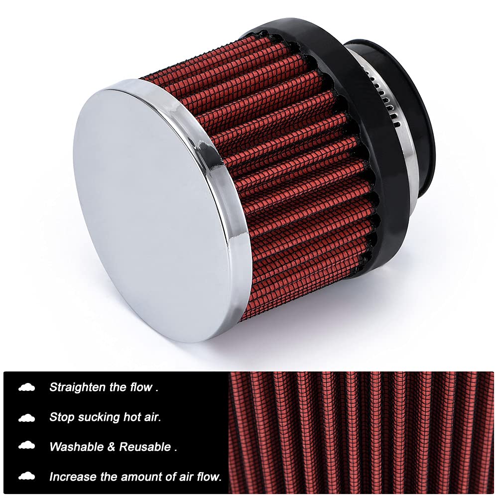 Ptnhz Universal Red Neck 1.5'' 38Mm Car High Flow Cold Air Intake Air Filter Power Intake Air Inlet System Air Cleaner