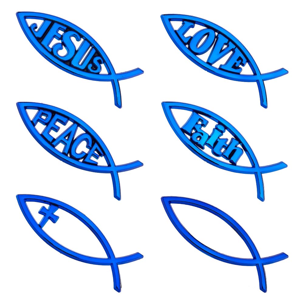 SUPERFINDINGS 6Pcs 6 Styles Blue Jesus Fish Decal Sticker Acrylic Cross Fish Auto Emblem Waterproof Love Peace Car Stickers Self