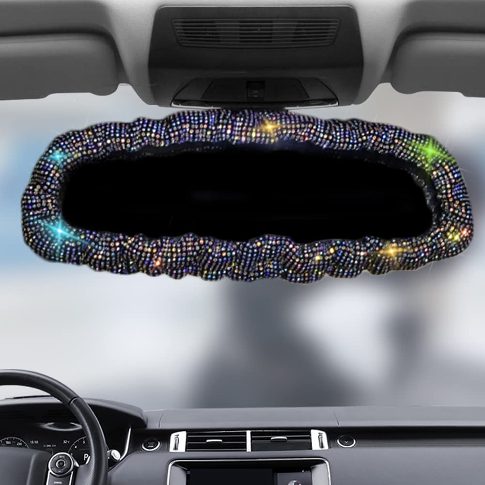 Beaumile Bling Rearview Mirror Accessories Elastic Plush Car Rear View Mirror Cover for Women Bling Car Accessories Universal Fi