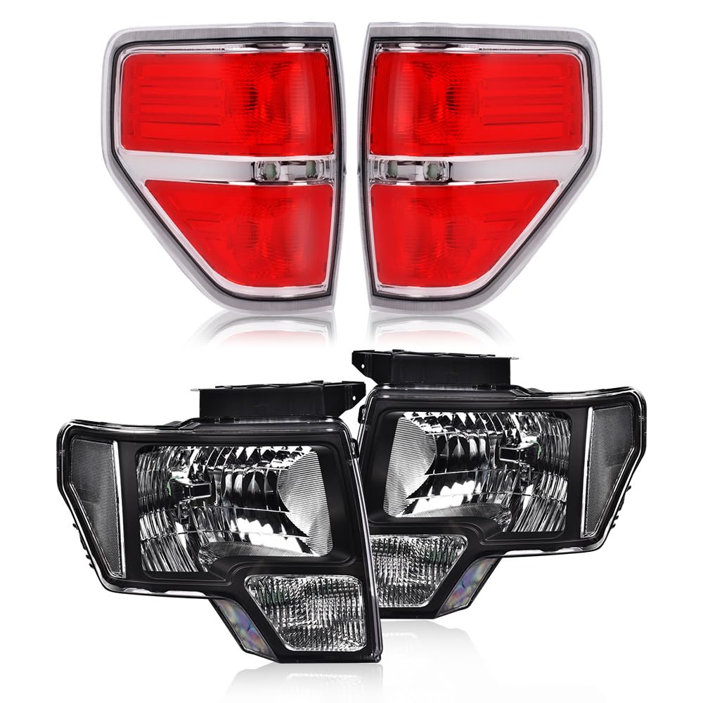 GRAND ORANGE Headlights + Rear Clear Tail Lights Assembly Compatible with Ford F150 2009-2014 4PCS Clear Lens Chrome Housing Amb