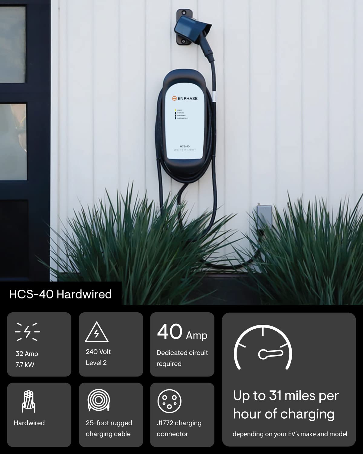 32 Amp Level 2 Ev Charger For Home, Enphase Hcs-50 (Formerly Clippercreek), Hardwired, 5-Year Warranty, 25 Ft Cable, J1772 Conne