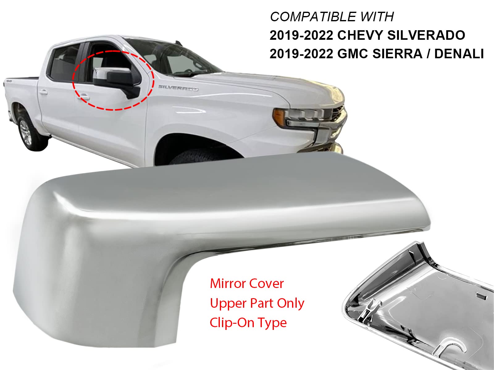Apa Replacement Exterior Mirror Cover Fits 2019-2022 Silverado Sierra Top-Half Upper Part Chrome Passenger Right Side 84732162