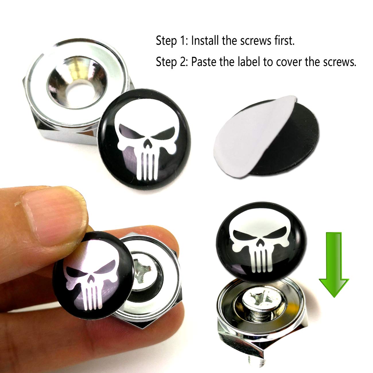 Aootf License Plate Screw Bolt Caps- Logo Billet Metal Car License Plate Bolts Frame Screw Cover With Black Skull Sticker, License Plate Frame Security Fastener Kit With Anti-Rattle Foam Pads