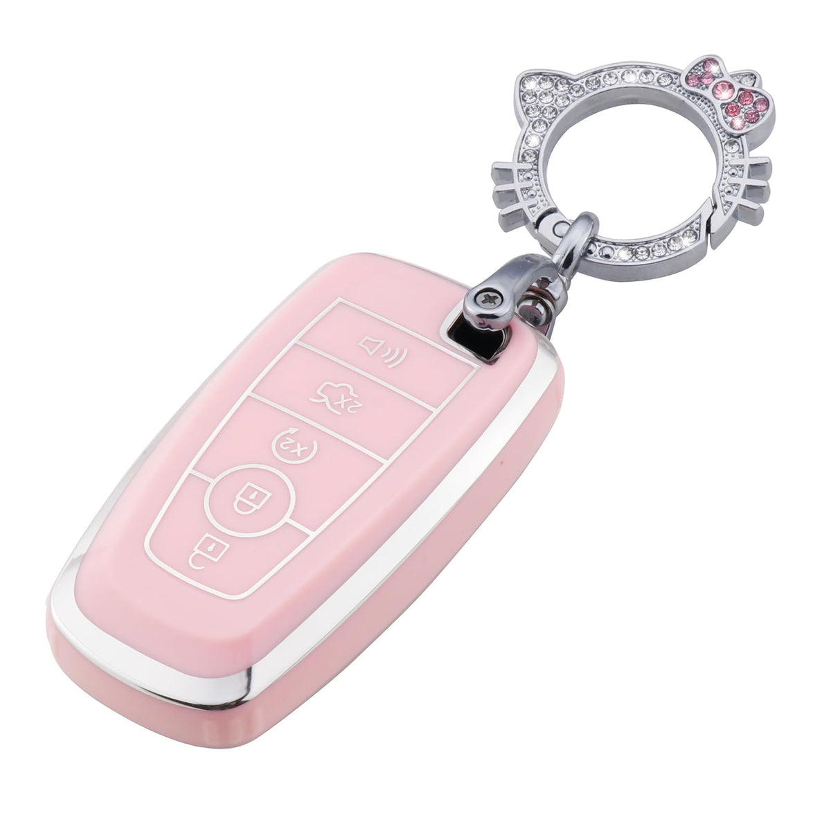 Pangpai Pink Key Fob Cover for Ford, Soft TPU Key Case Protection with Bling Keychain Fit for Edge Escape Expedition Explorer Fu