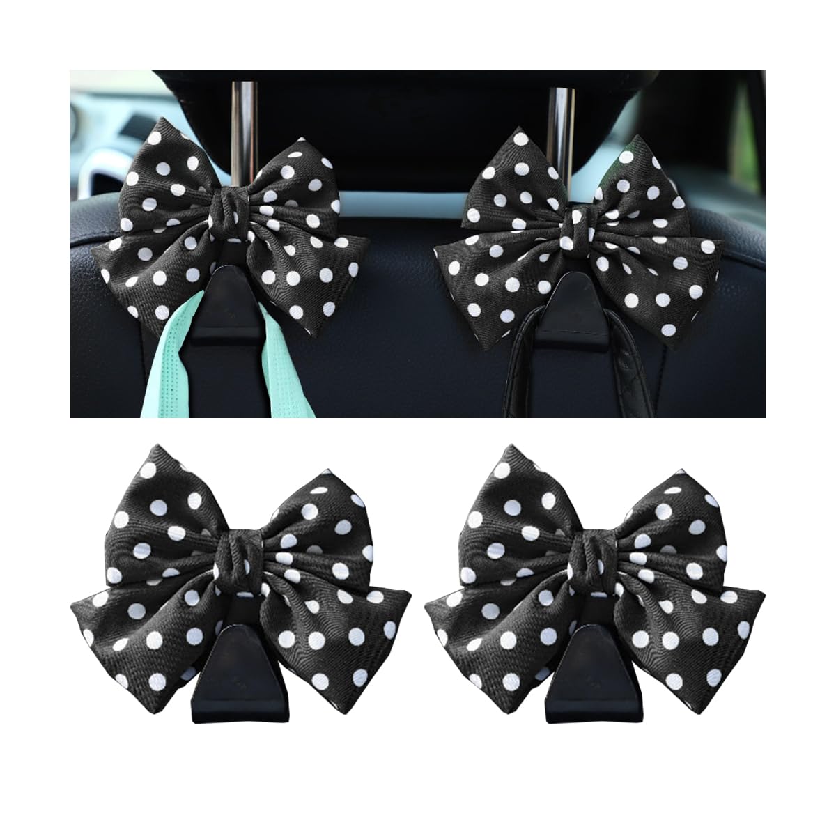 Mandark 2PCS Car Seat Hooks - Cute Bow Vehicle Hooks for Purses & Bags, Universal for SUV, Sedan, Truck (Black/Polka Dot)