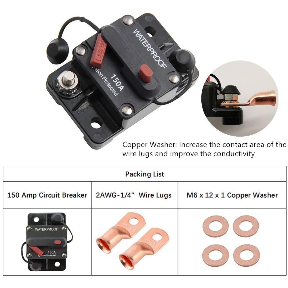 Stetion 150 Amp Circuit Breaker Trolling With Manual Reset Car Marine Trolling Motors Boat Atv Manual Power Protect For Audio System Fuse 12V-48Vdc Waterproof (150Amp)