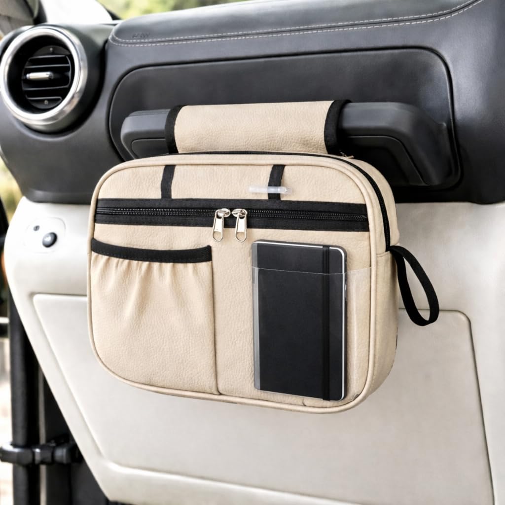 Grab Handle Bag | Dashboard Grab Handle Storage Organiser Bag | 2 Compartments with Transparent Pocket | Compatible with Thar, J