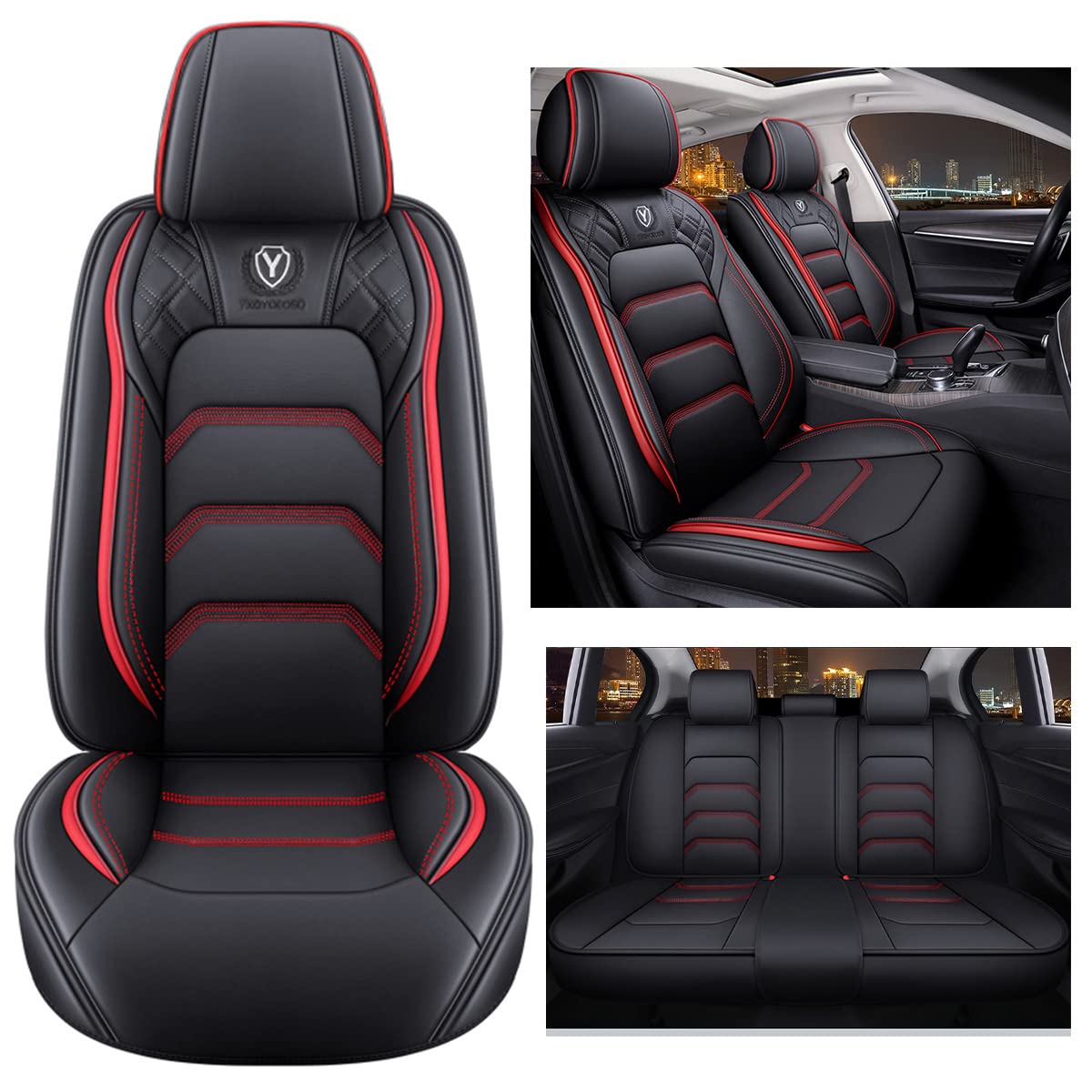 YXQYOEOSO Comfortable Leather Car Seat Covers Full Set 5 Seats Universal Fit, Black & Red, Model YOEOSO2021A