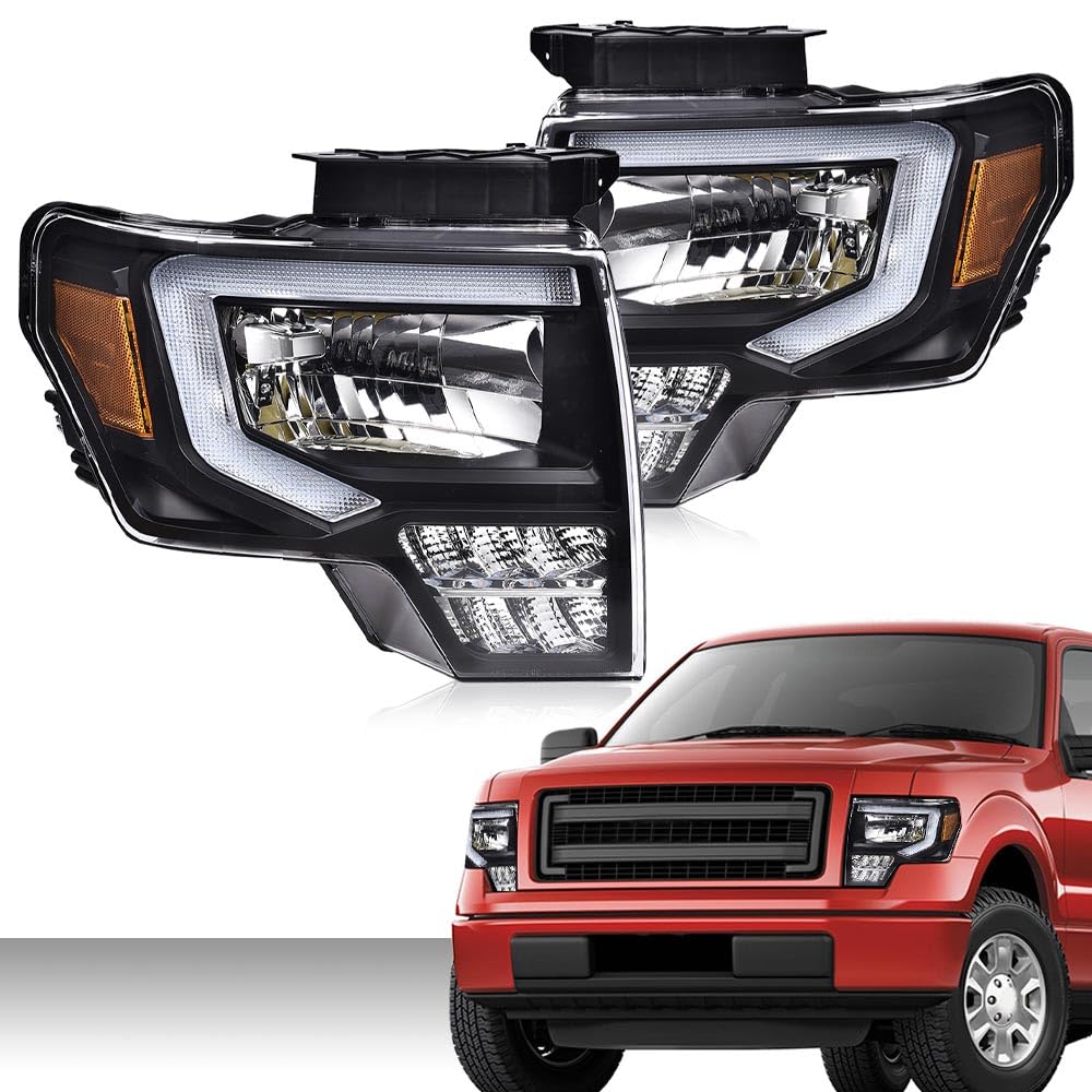 Pit66 Led Headlight Assembly Compatible With Ford F150 2009 2010 2011 2012 2013 2014, Driver & Passenger Clear Lens Black Housin