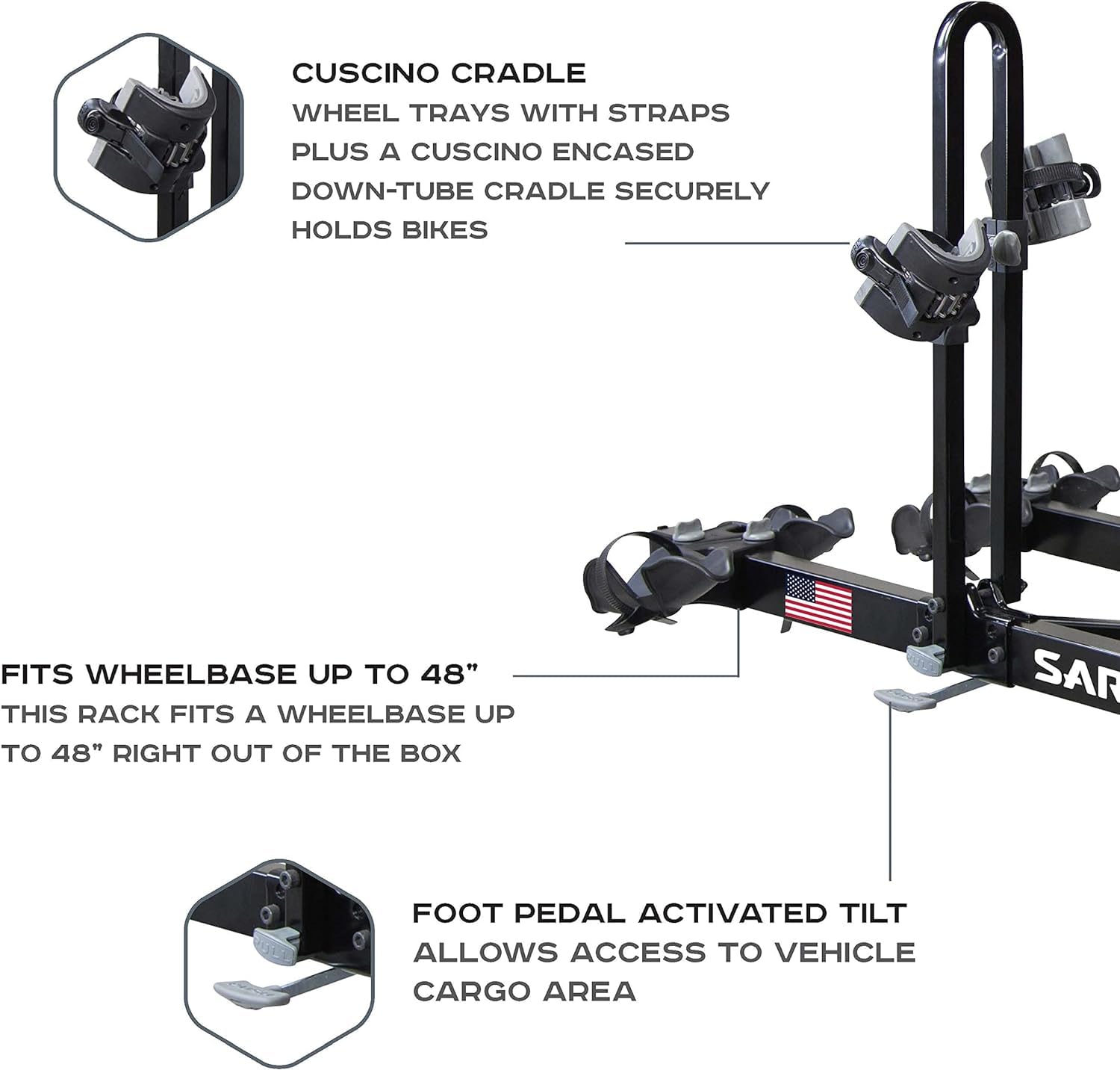 Saris Freedom 4 Tray-Style Hitch Bike Rack - Carries All Bicycle Types, Foot-Operated Tilt Pedal, Protective Cuscino Pads, Fits Up To 4 Bikes, E-Bike Friendly