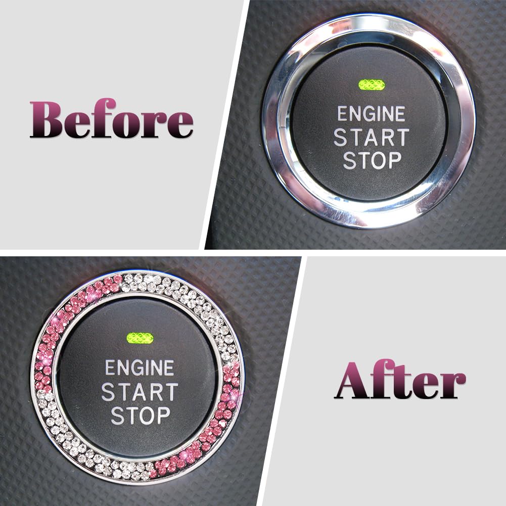 Tobequeen White Pink Bling Push Start Button Cover Emblem Sticker, Crystal Diamond Rhinestone Push Start Ring Car Decor, Pink An