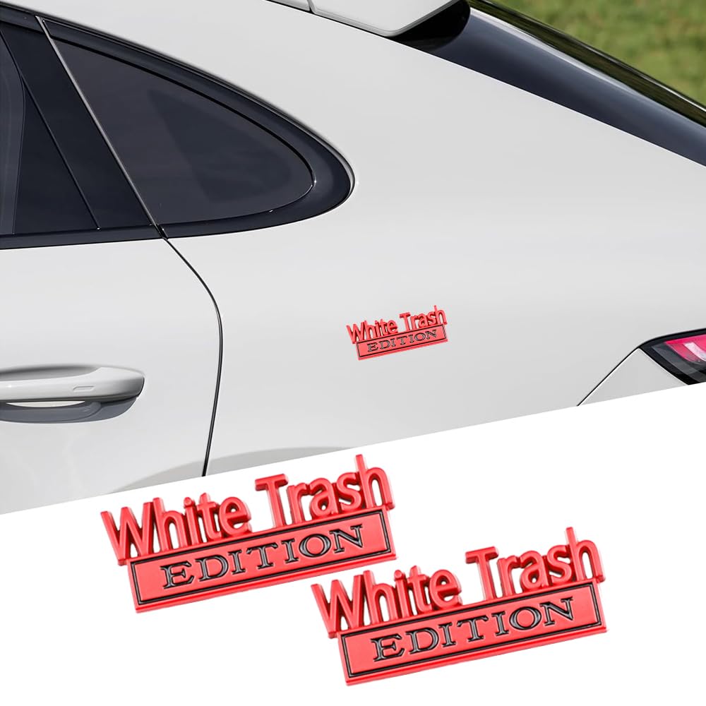 Carrun 2 Pcs White Trash Edition Emblem Car Side Rear Front Hood Trunk Door Badge 3D Decal Sticker Fit For Car Truck Suv (White