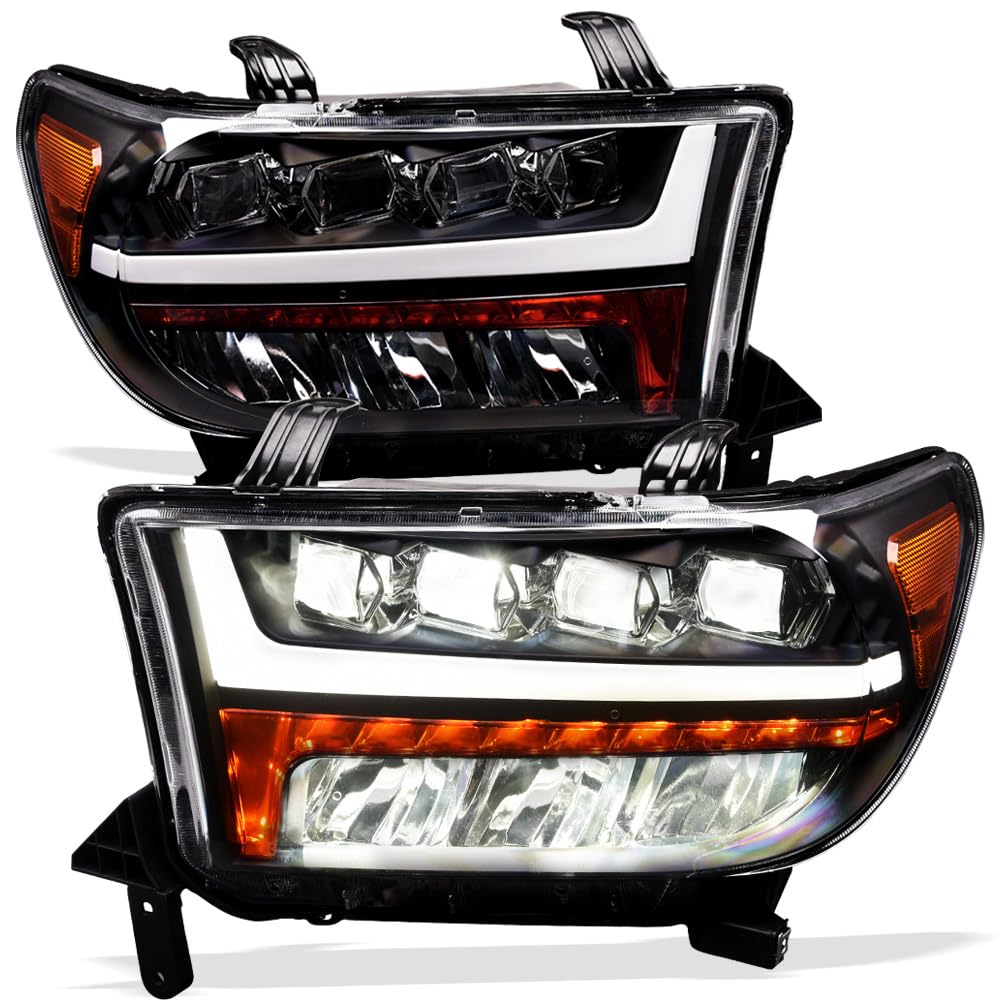 Sequential Black Housing Full LED Quad Projector Headlights Signal Lamps Amber Reflector nb Compatible With 07-13 Toyota Tundra 
