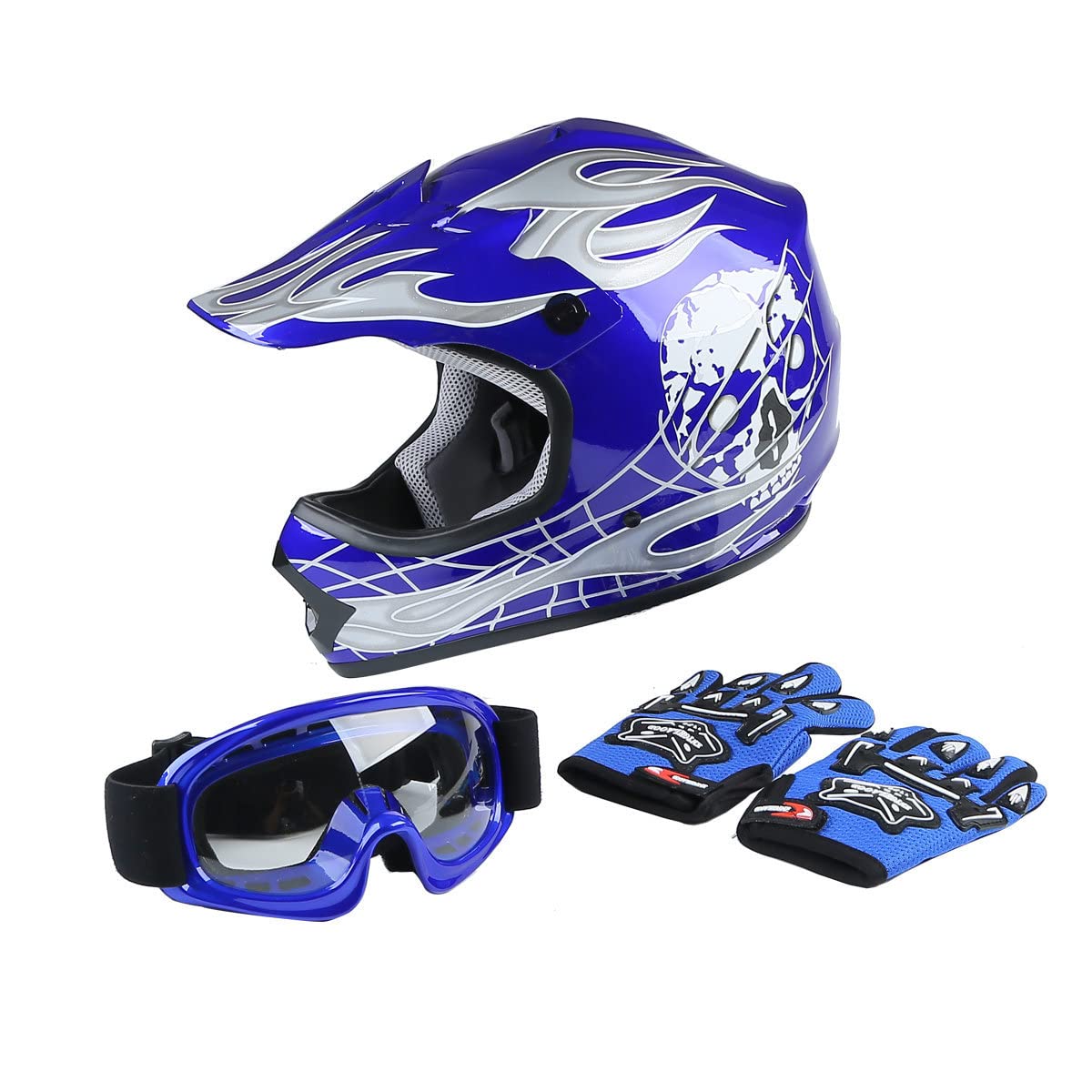 Xfmt Dot Youth Kids Motocross Offroad Street Dirt Bike Helmet Youth Motorcycle Atv Helmet With Goggles Gloves Blue Skull S