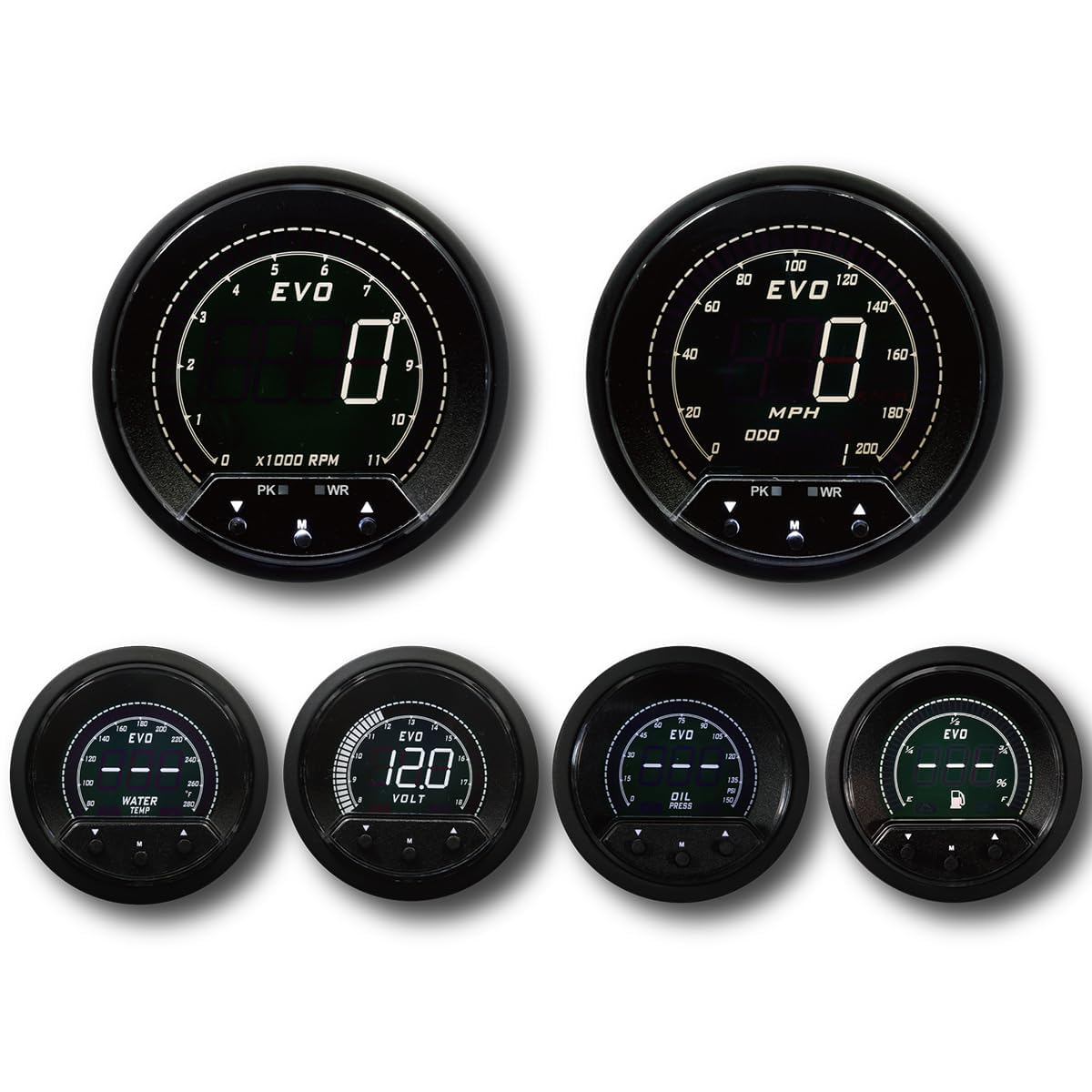 MOTOR METER RACING EVO Digital Gauge Set - 3-3/8" GPS Speedometer & 2-1/16" Gauges - Blue Red White Green LED, Aluminum, Peak