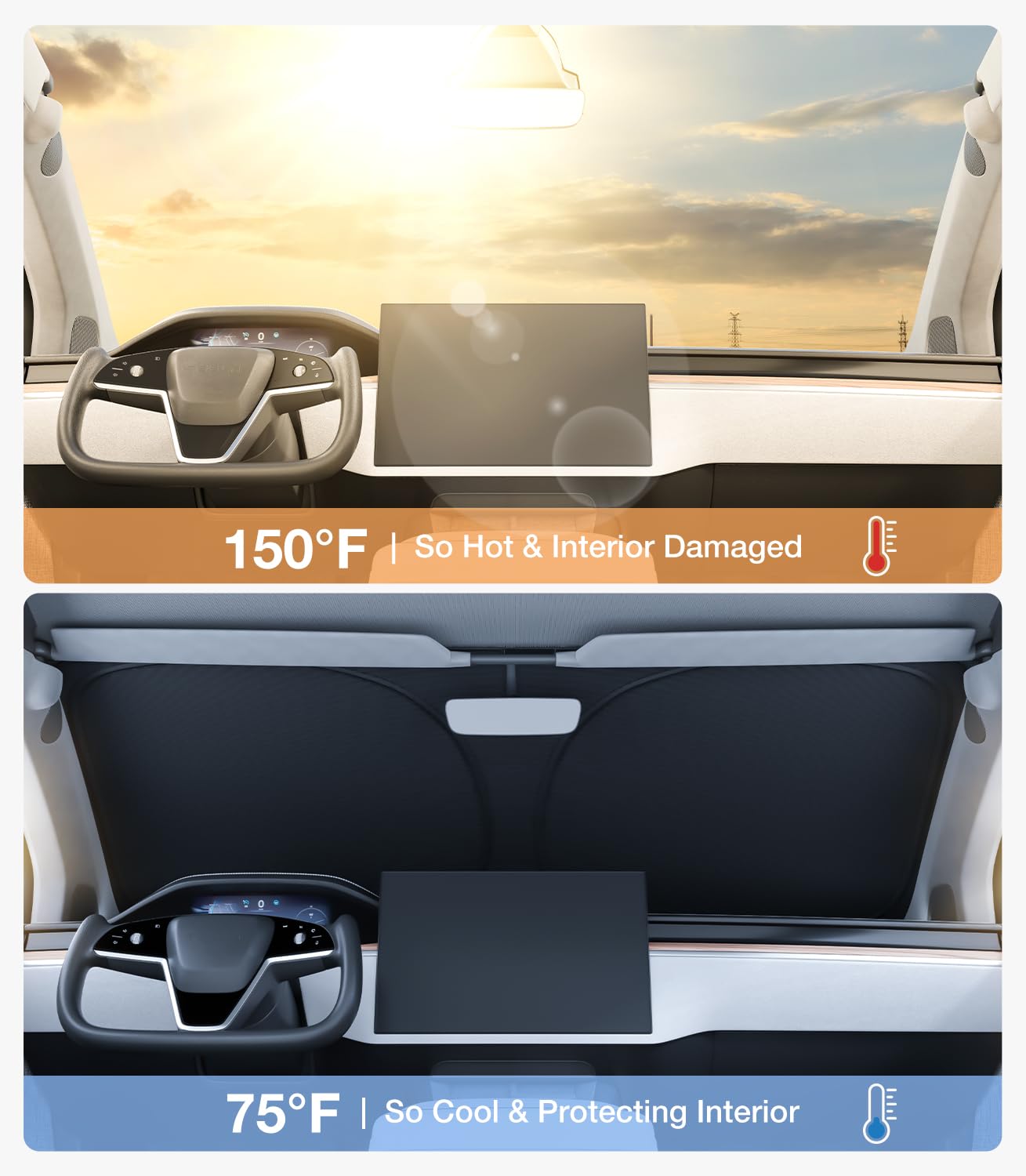 2025 Upgraded Accessories Tesla Model X Windshield Sunshade [Ice Shield Tech Fabric, 100% Sun Blockage], Foldable Heat Insulatio