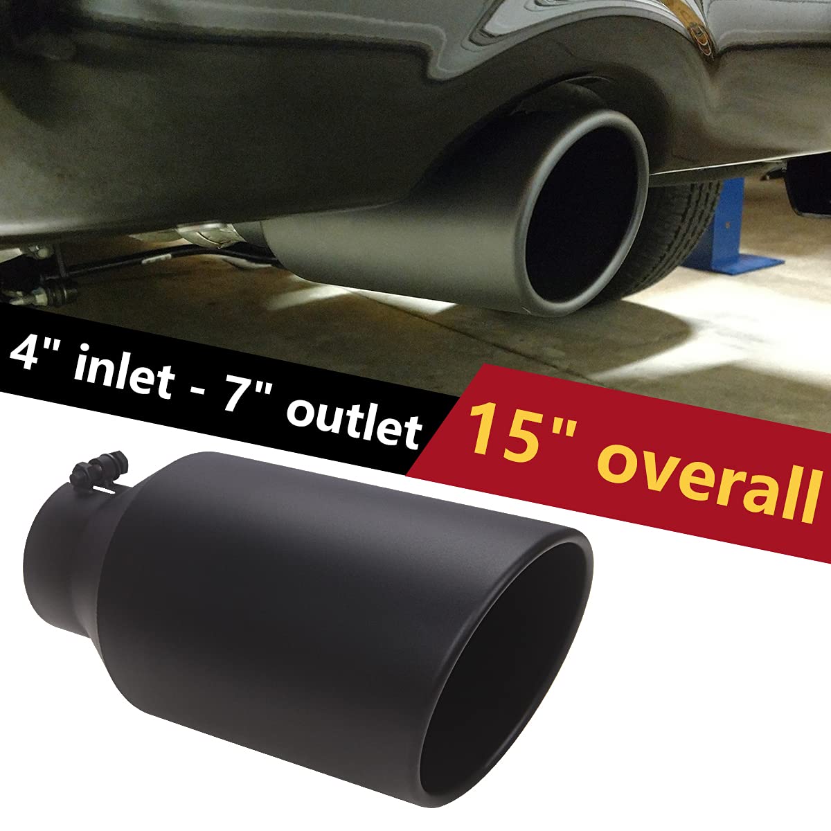 Lcgp 4 Inlet Universal Diesel Exhaust Tip 7 Outlet 15 Long Tail Tip, Polished & Rolled Angle Cut, Bolt-On,Stainless Steel