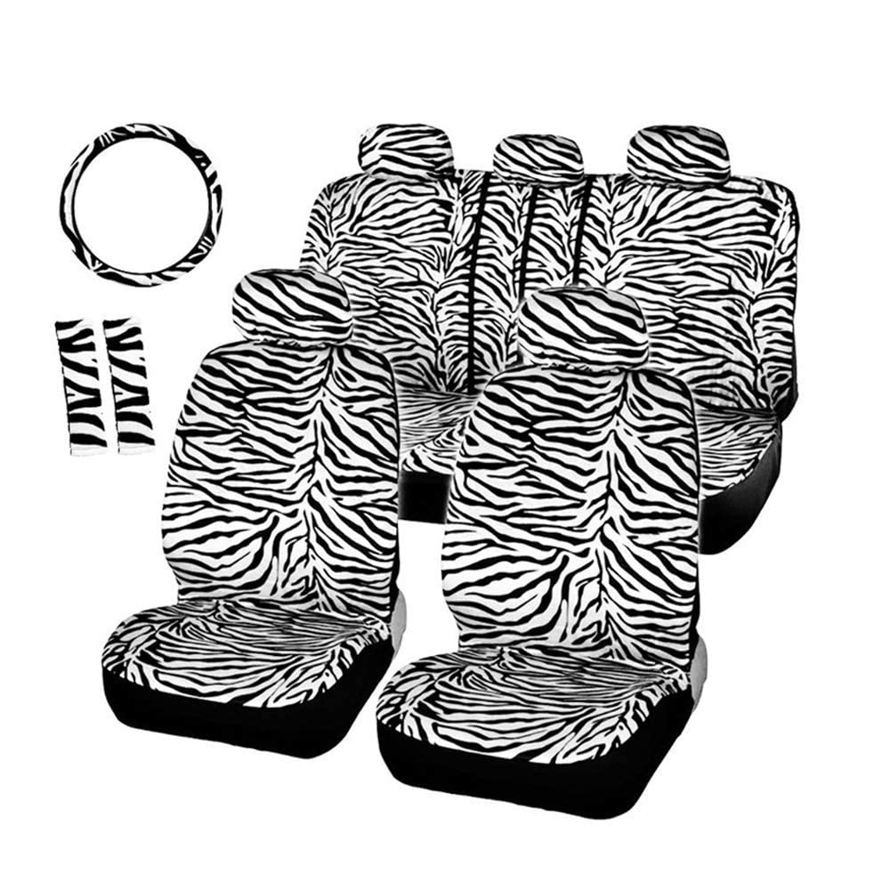 Autofan Zebra Car Seat Covers For Full Set With 2 Seat Belt Pads & Universal 15 Inch Steering Wheel Cover Fit For Cars, Trucks,