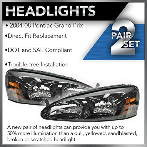 Trq Driver & Passenger Side Headlight Assembly Set Headlights Driver & Passenger Side Compatible With 2004-2008 Pontiac Grand Pr