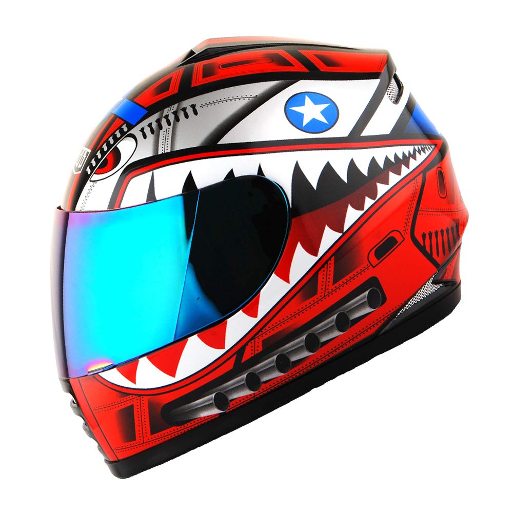 Wow Youth Motorcycle Full Face Helmet Street Bike Bmx Mx Kids Shark Red + Mx Skeleton Glove Bundle