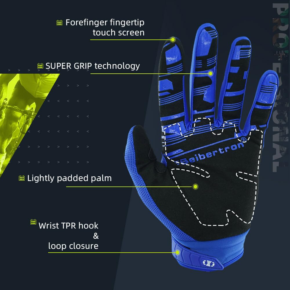 Seibertron Youth Dirtpaw Unisex Mx Atv Mtb Racing Gloves - Full Finger Touchscreen Glove For Bicycle Cycling Mountain Biking Mot
