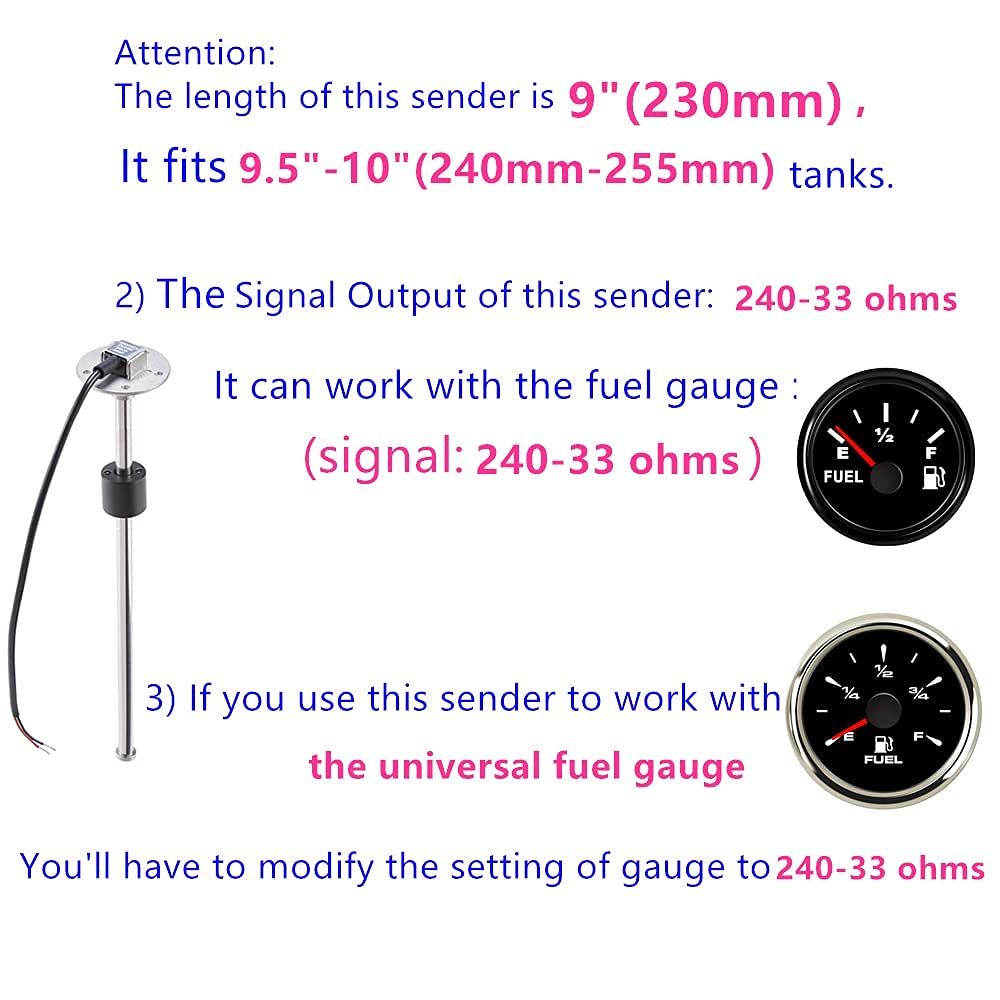 100TECH Fuel Sending Unit 240-33 ohms 9''(230mm) Marine for Boat Vehicle Truck RV Fuel Tank Sending Unit Water Gas Level Sender