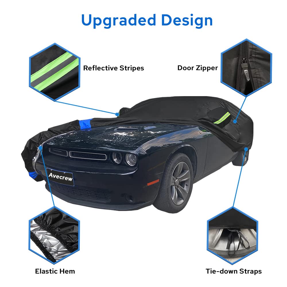 Avecrew Dodge Challenger Car Cover Waterproof All Weather For Automobiles, Outdoor Full Exterior Covers Fit 2008-2022 Dodge Challenger With Windproof Strap And Driver Door Zipper