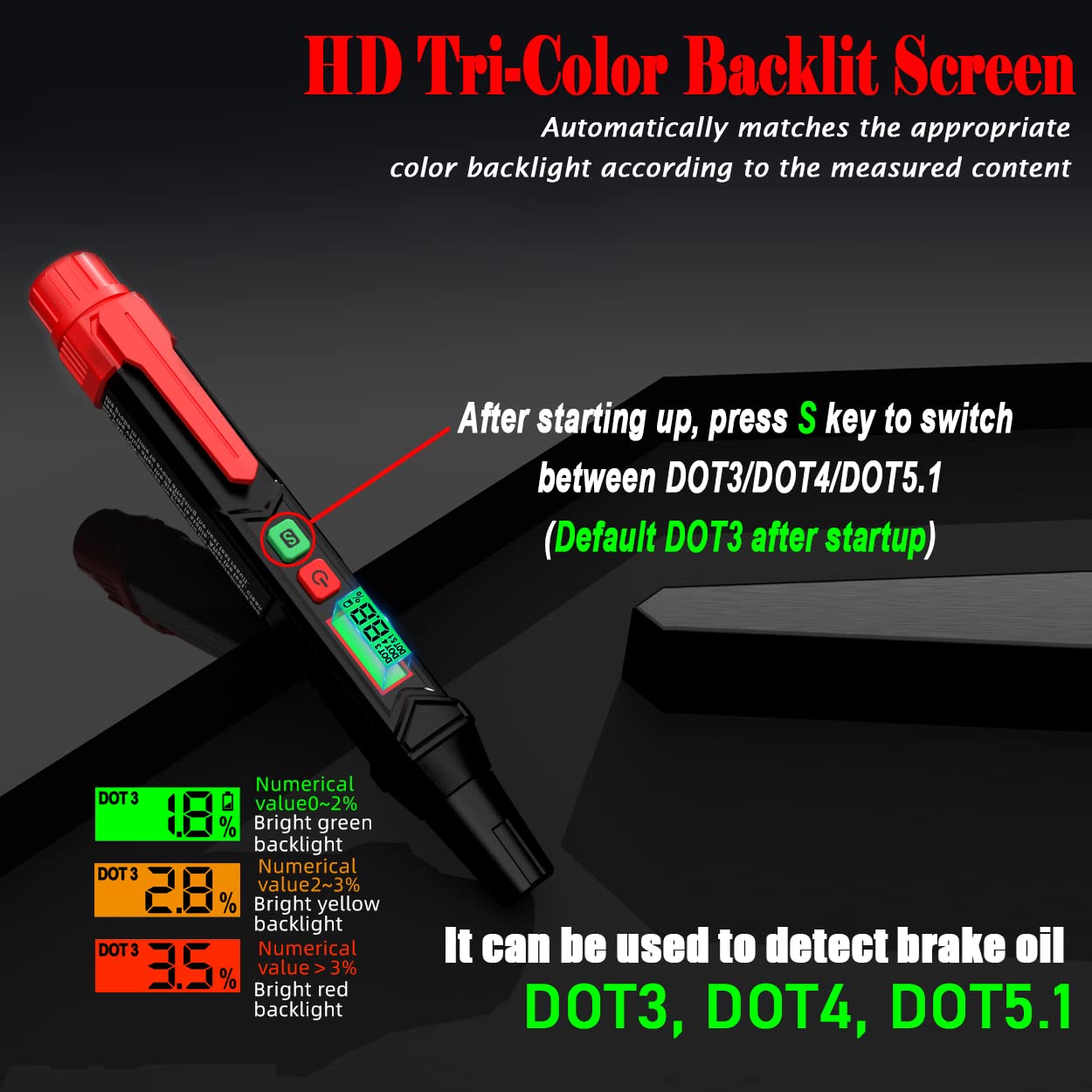 Brake Fluid Tester Pen, Automotive Brake Fluid Moisture Tester, Vehicle Brake Diagnostic Testing Tool, Hydraulic Fluid Liquid Tester Pen Oil Moisture Tester Analyzer Meter For Dot3 Dot4 Dot5.1