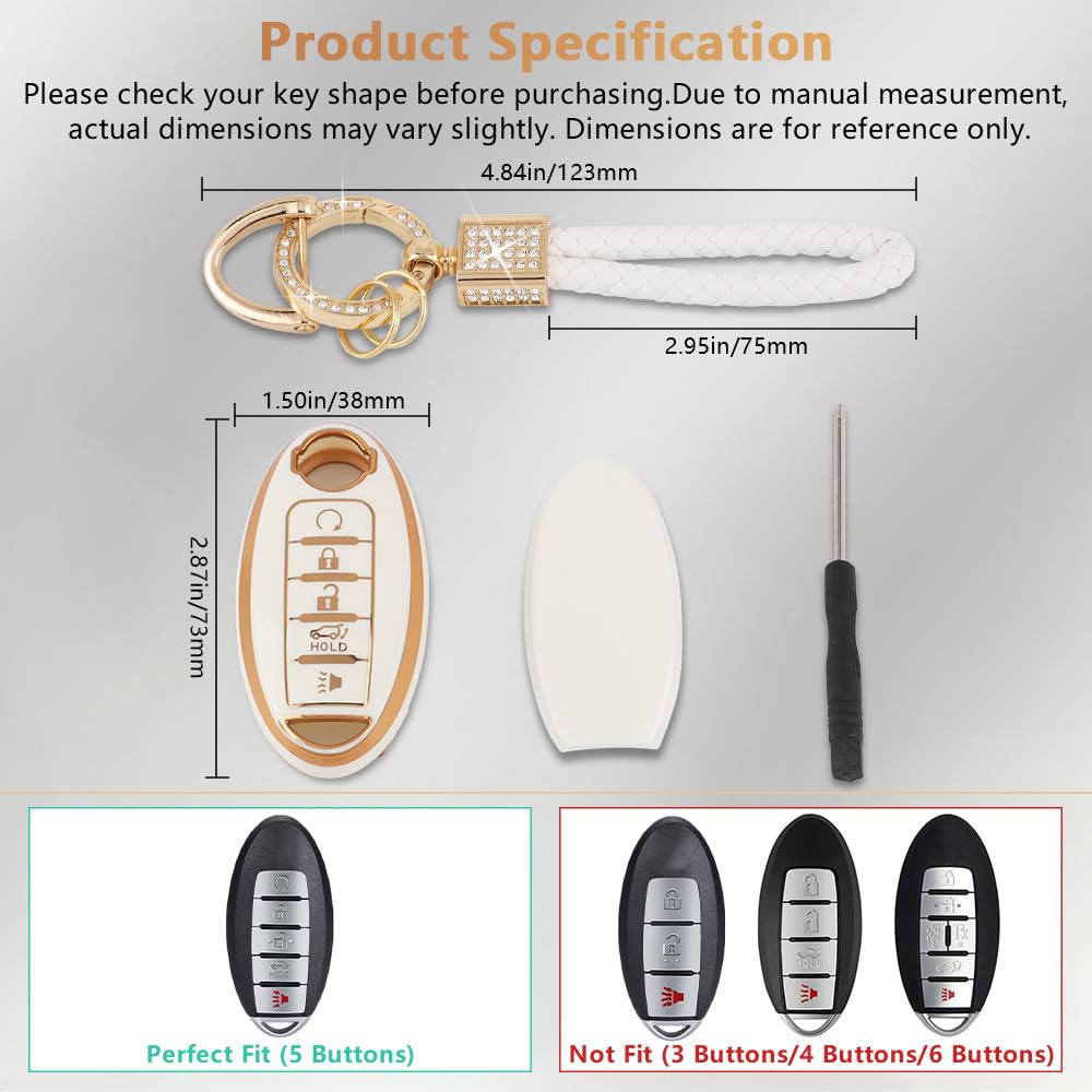 Pifoog Accessories For Nissan Key Cover Tpu Car Keys Shell Chain Waterproof Fit Nissan Altima Sentra Rogue Pathfinder Murano Armada Maxima Versa Remote Key White Girly