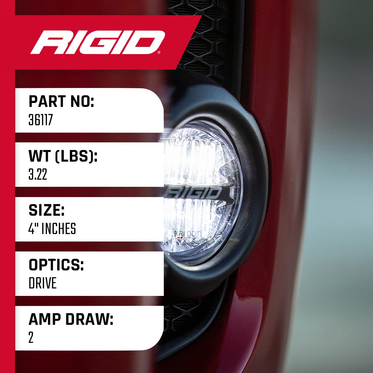 Rigid Industries 36117 360-Series Led Off-Road Light 4 In Drive Beam For Moderate Speed 20-50 Mph Plus White Backlight Pair