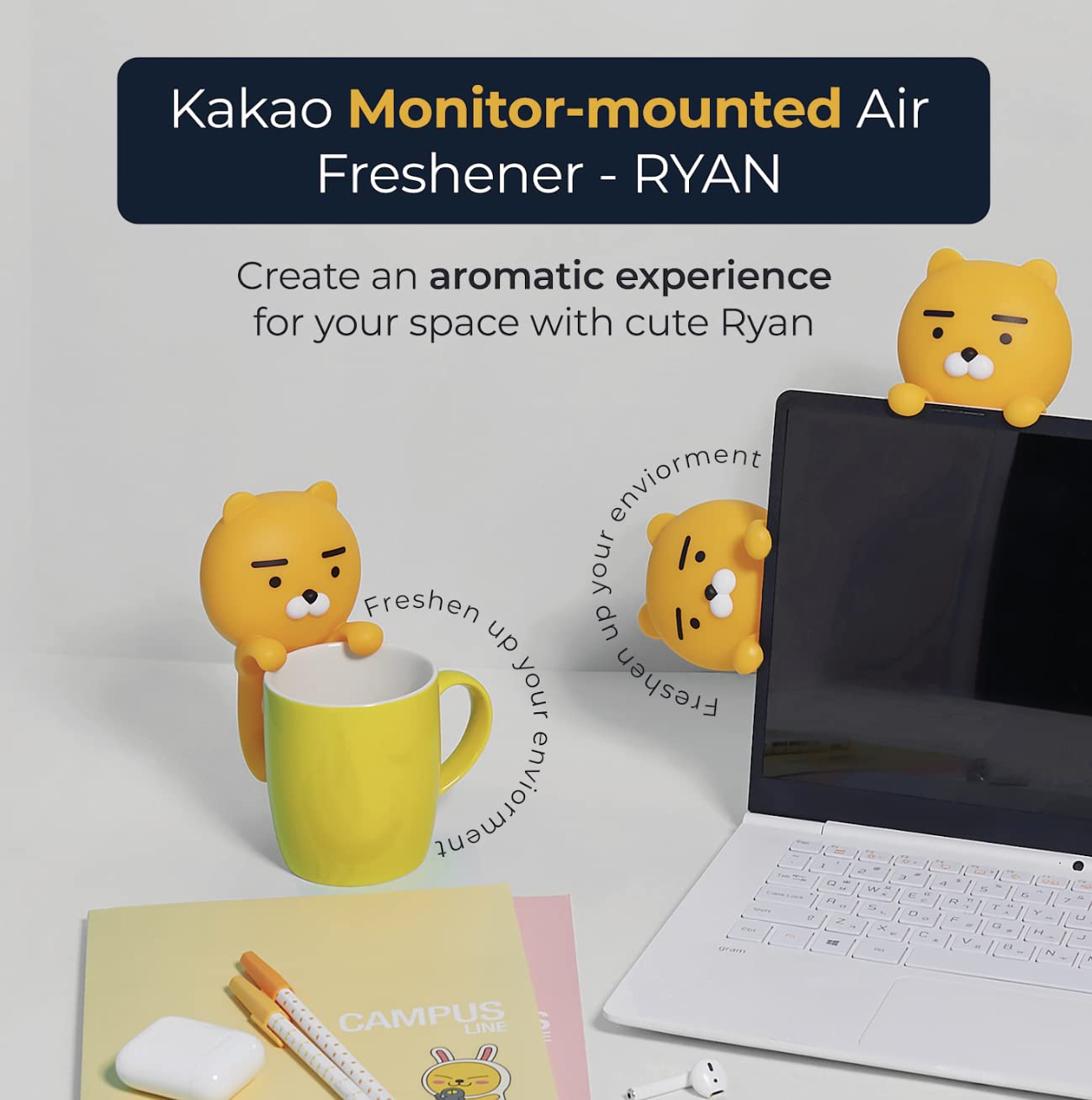 Aura Monitor-Mounted Air Freshener, Ryan (Blue Sky, 0.15Fl Oz) - Odor Fighting For Car, Laptop, Tv, Home. Kakao Friends Figurine