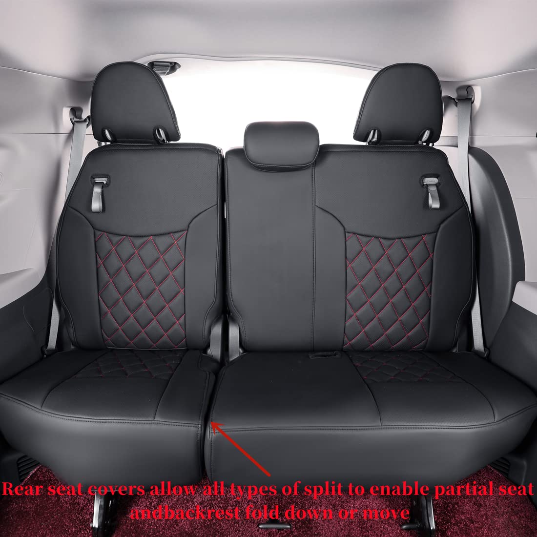 coverdream Custom Leatherette Seat Covers for 2021-2024 Toyota Sienna LE & XLE 8-Seater, Full Set Black/Red, 2nd Row Bench with Removable Seat