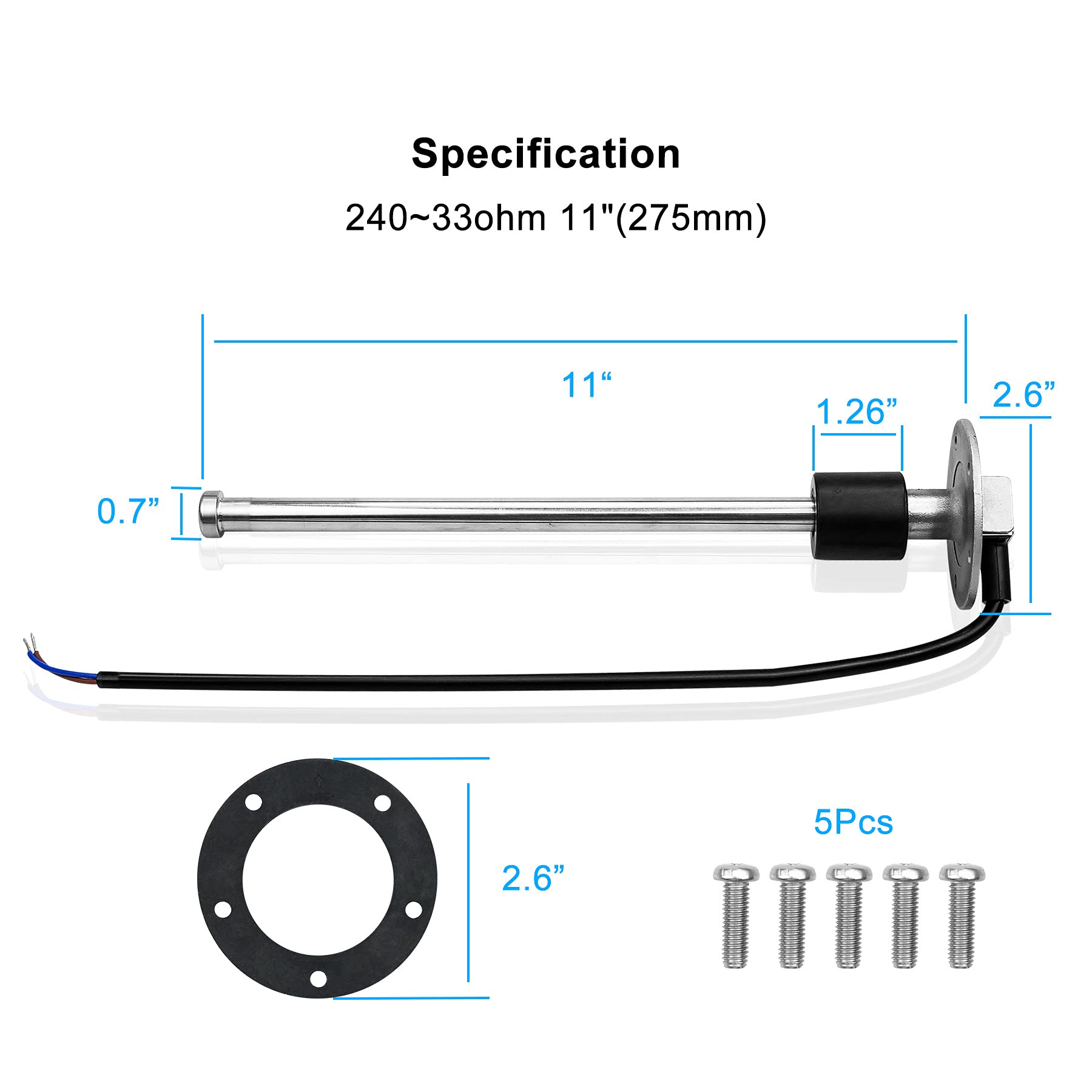 240-33 Ohms 11''(275Mm) Fuel Level Sending Unit For Marine Boat Truck Car Fuel Water Level Gauge Sensor Stainless Steel Fuel Gas