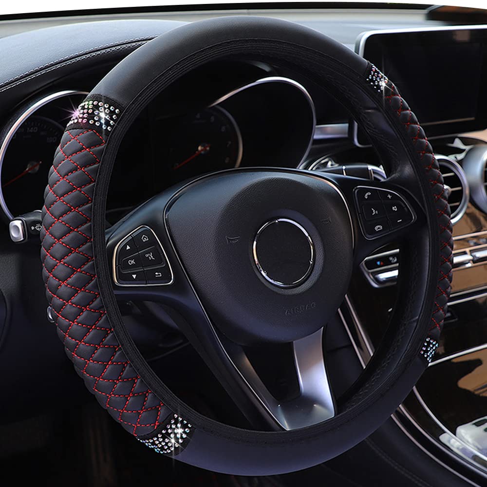 Diamond Leather Steering Wheel Cover,Bling Soft Leather Steering Wheel Cover For Women Girls,Universal 15 Inch Breathable Anti-S