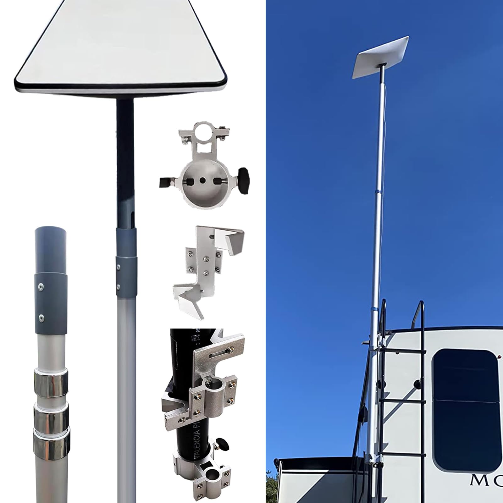 EEZ RV Products Telescopic 10ft Pole with Starlink Adapter and RV Ladder Mounting Bracket Kit (GEN 2 / V2) - Fits 1 inch Ladder 