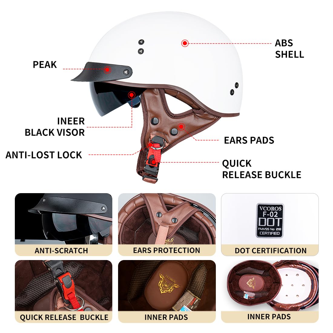 Vcoros Motorcycle Half Face Helmet Sun Visor Quick Release Buckle Dot Approved Adult Helmets For Cruiser Chopper Moped Scooter A