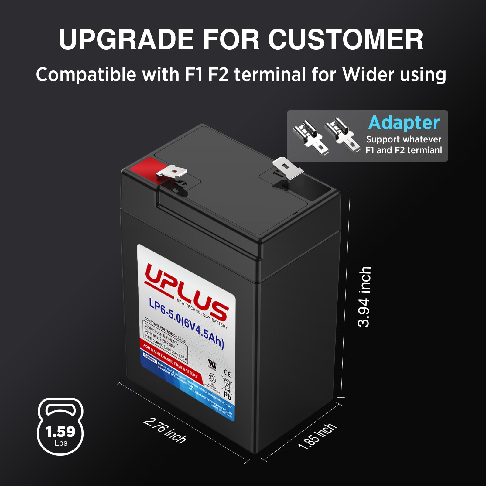 Uplus 6V 4.5Ah Rechargeable Agm Battery, Lp6-5.0 Sla Replacement Batteries For Auto Deer Feeder, Kids Power Wheels, Game Hunting