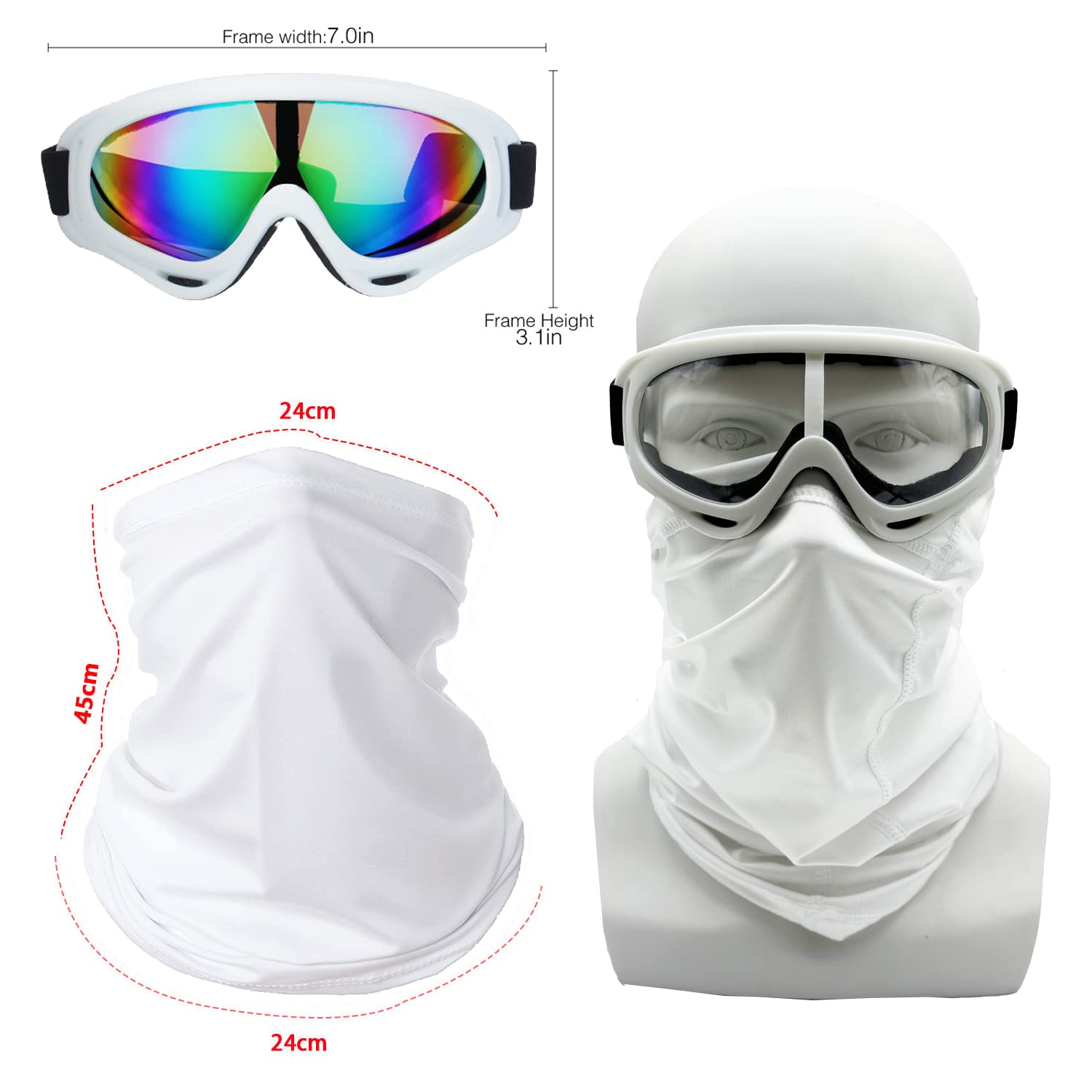 Ljdj Motorcycle Goggles,2 Pack Dirt Bike Atv Motocross Riding Hiking Protective With 2 Pack Neck Breathable Bandana Mask (White+