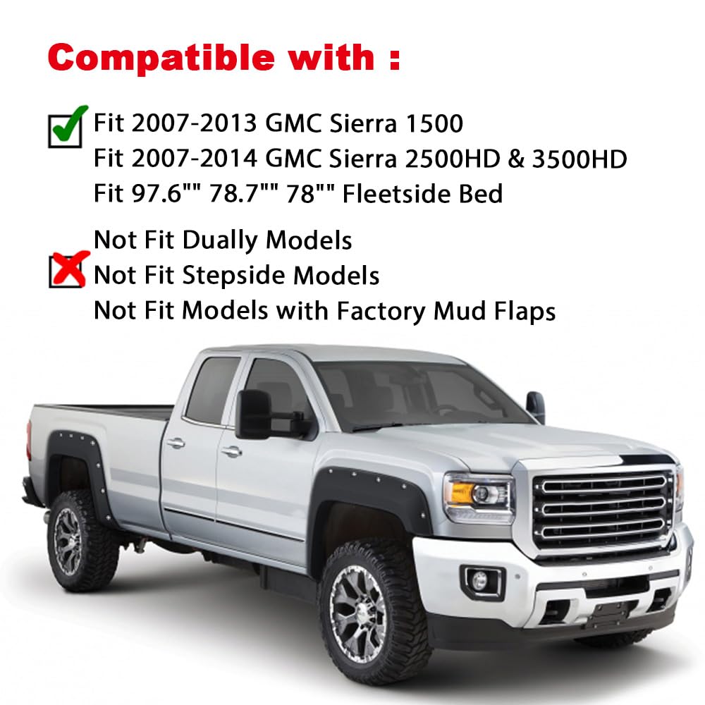 PIT66 Fender Flares, Compatible With 2007-2013 GMC Sierra 1500, Rugged Wheel Flares Textured Pocket Riveted Style, 4 Pcs