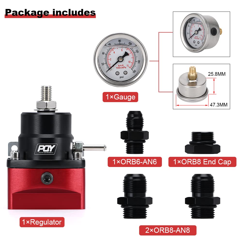 Pqy Fuel Pressure Regulator An8 Feed & An6 Return Line + 0-160Psi Gauge Set Black+Red