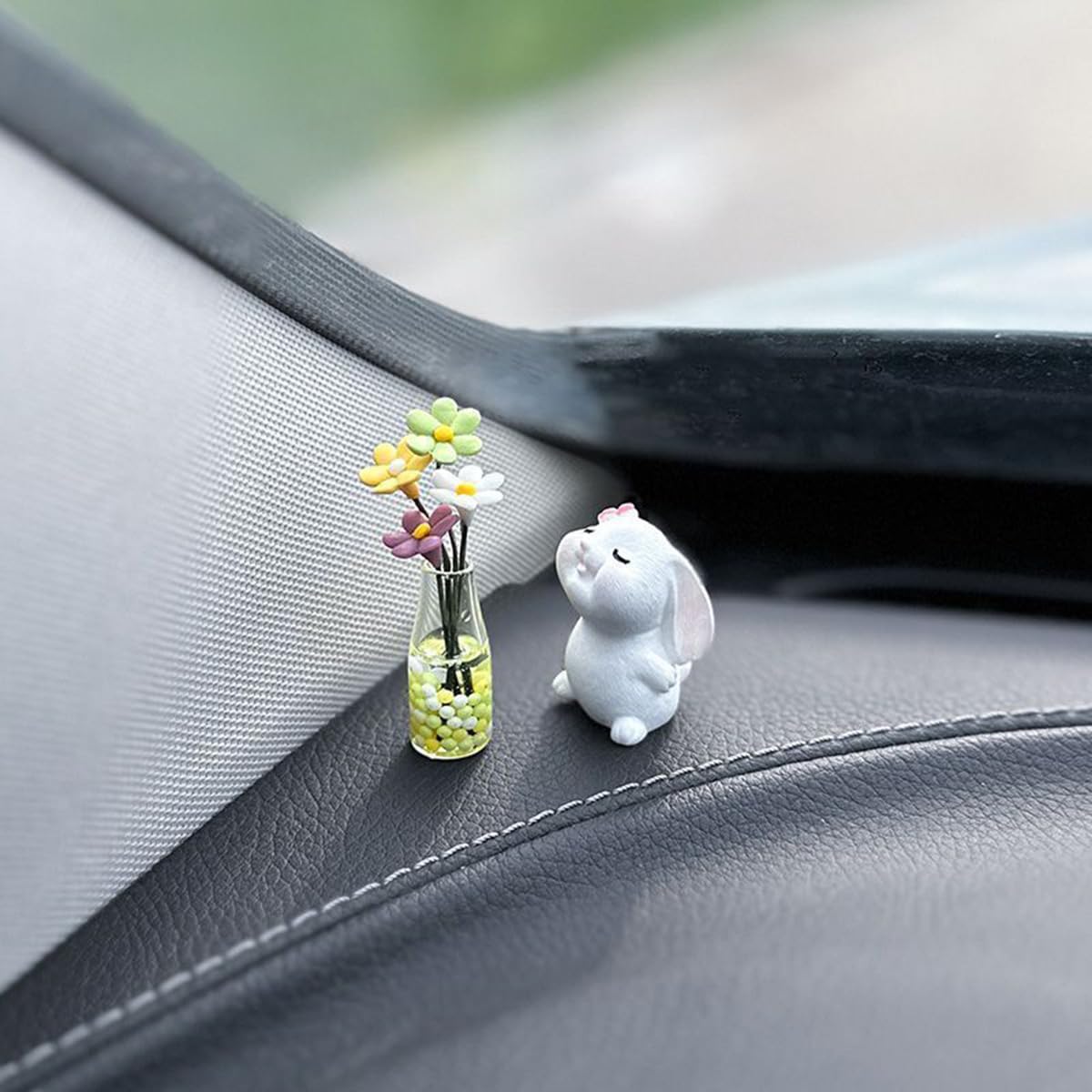 Generic Set Of 2 Cute Mini Bunny And Daisy Flower Vase Car Rearview Mirror Ornaments Funny Dashboard Decorations Kawaii Car Inte