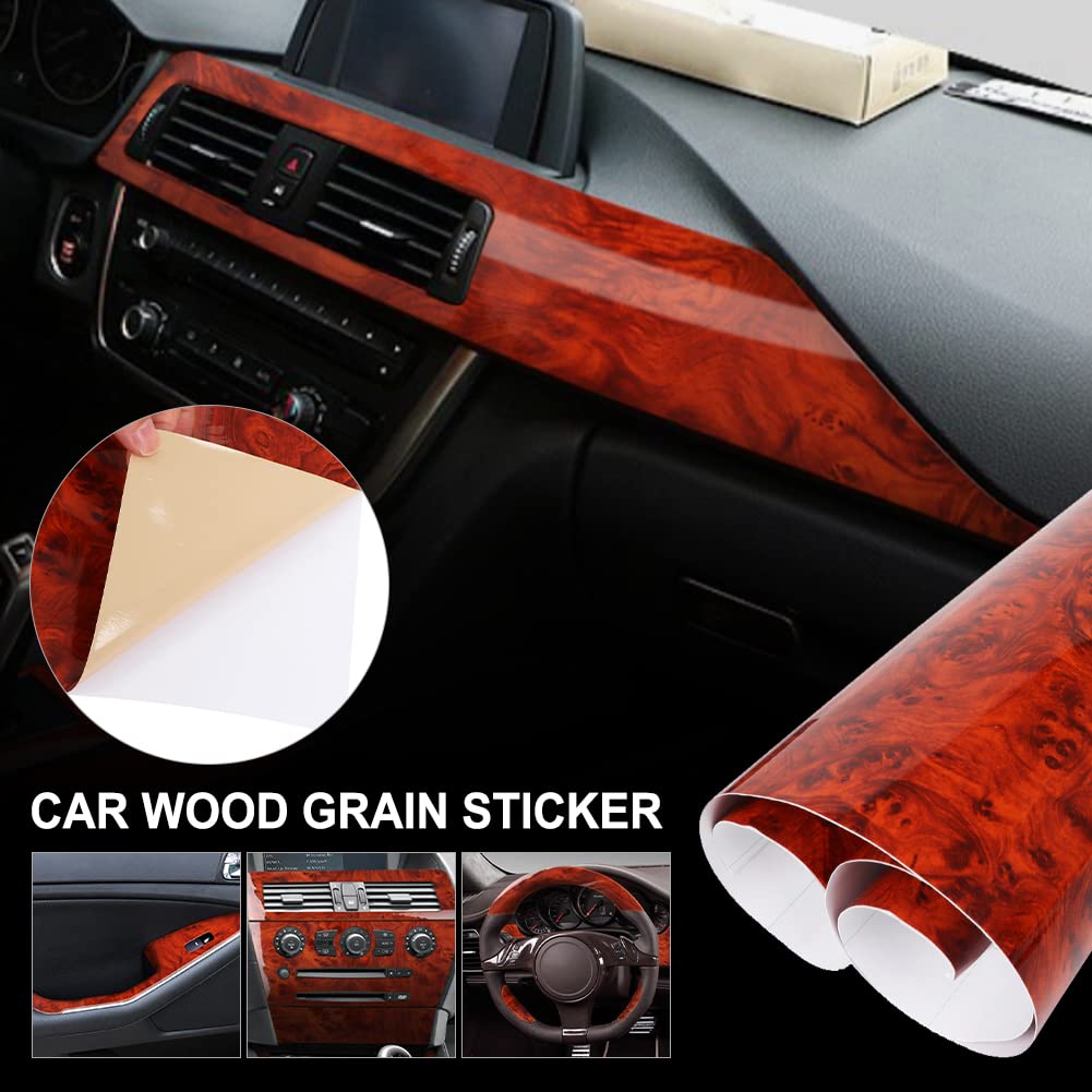 GreceYou High Glossy Wood Grain Vinyl Wrap Sticker Decal Car Internal Wraps Self Adhesive DIY Film, Waterproof Wrap Roll Without